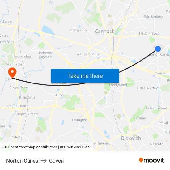 Norton Canes to Coven map
