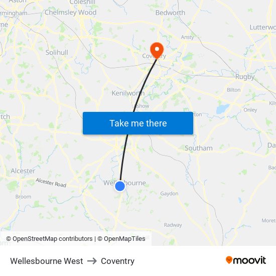 Wellesbourne West to Coventry map