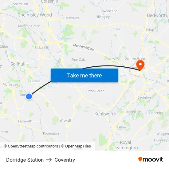 Dorridge Station to Coventry map