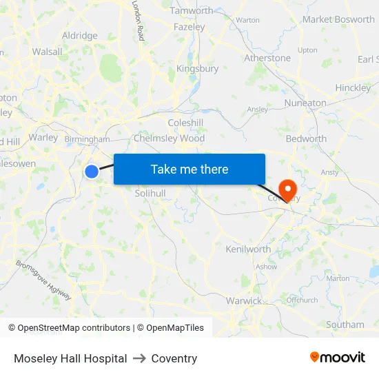 Moseley Hall Hospital to Coventry map