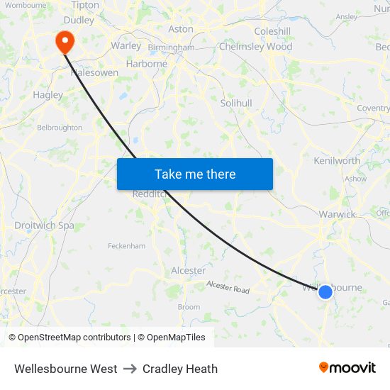 Wellesbourne West to Cradley Heath map