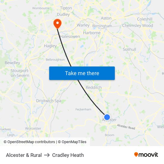 Alcester & Rural to Cradley Heath map