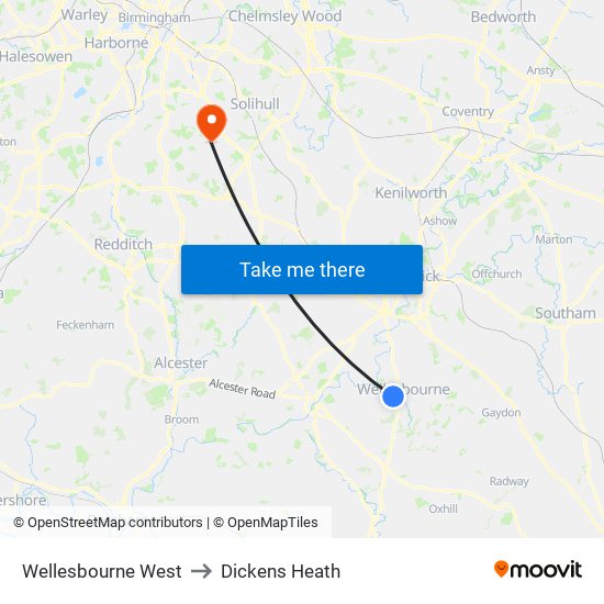 Wellesbourne West to Dickens Heath map