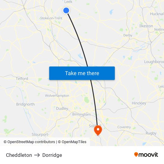 Cheddleton to Dorridge map