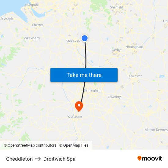 Cheddleton to Droitwich Spa map