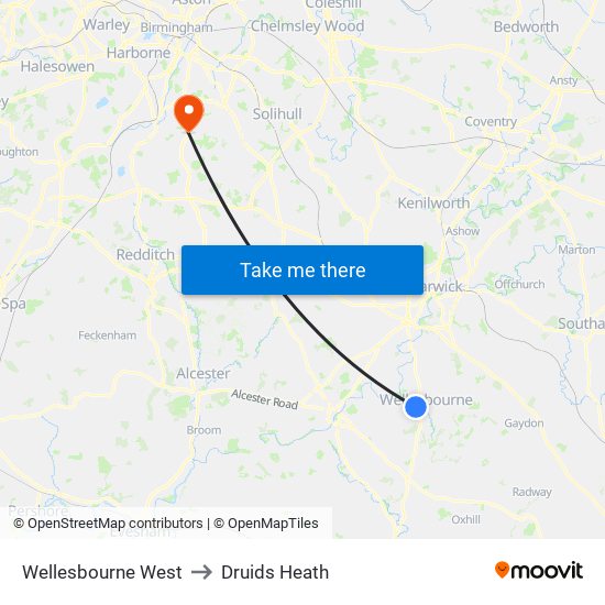 Wellesbourne West to Druids Heath map