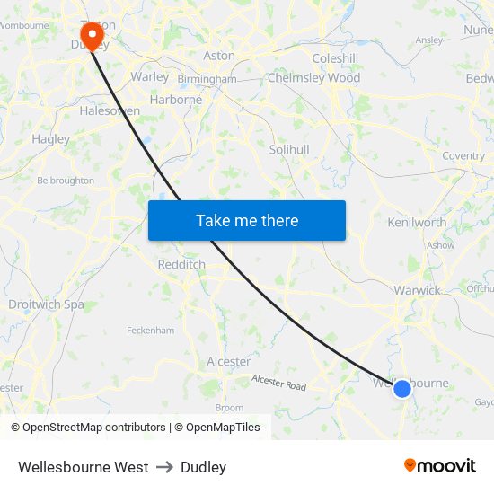 Wellesbourne West to Dudley map