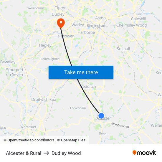 Alcester & Rural to Dudley Wood map