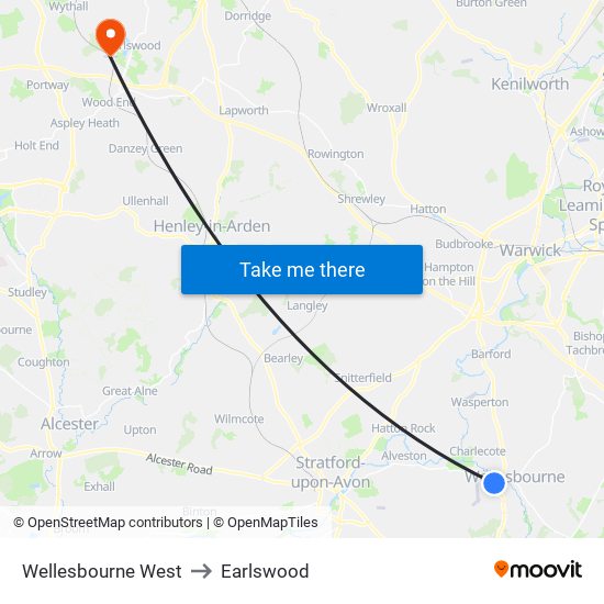 Wellesbourne West to Earlswood map