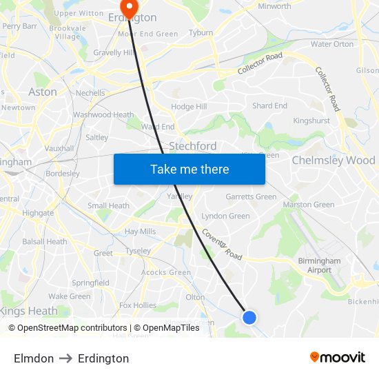 Elmdon to Erdington map