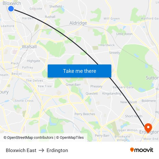 Bloxwich East to Erdington map