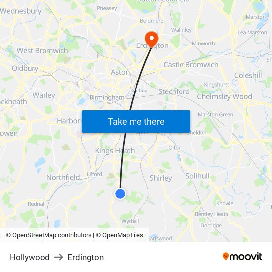 Hollywood to Erdington map