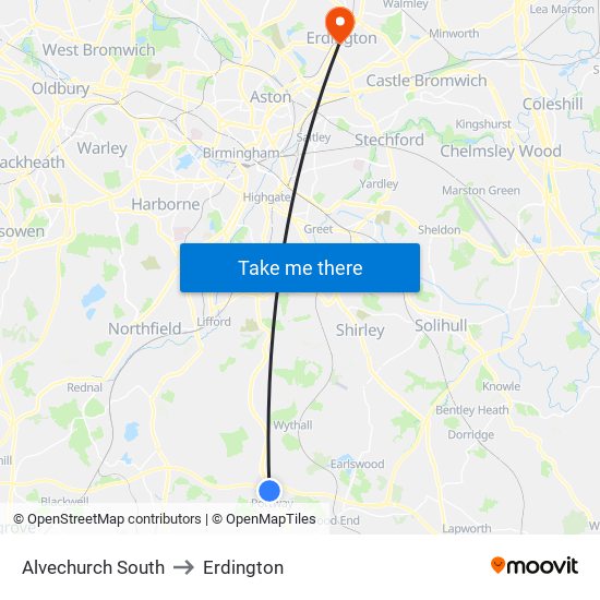 Alvechurch South to Erdington map