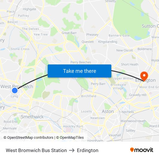 West Bromwich Bus Station to Erdington map