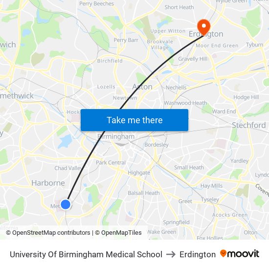 University Of Birmingham Medical School to Erdington map