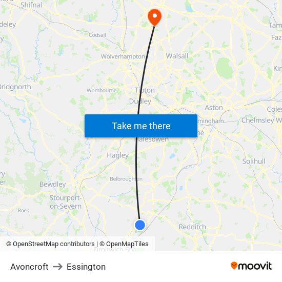 Avoncroft to Essington map