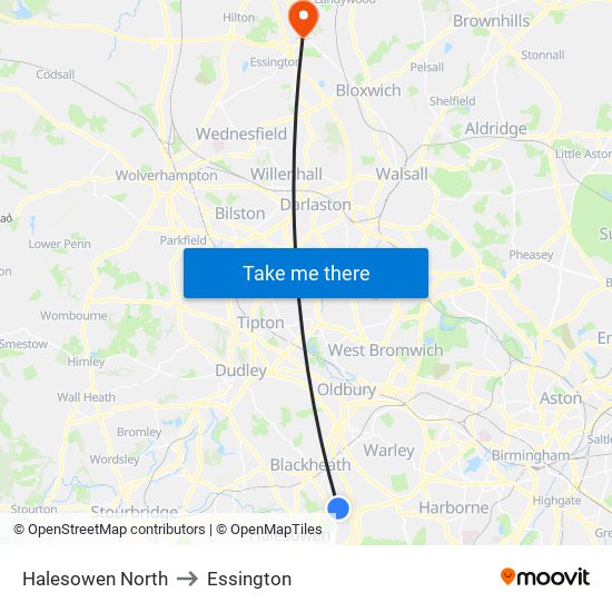 Halesowen North to Essington map