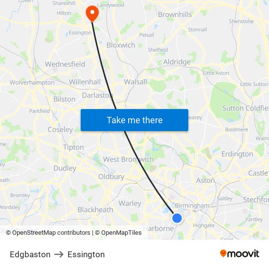 Edgbaston to Essington map