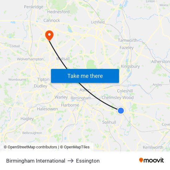 Birmingham International to Essington map