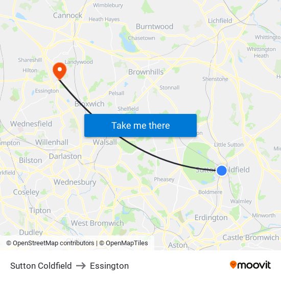 Sutton Coldfield to Essington map