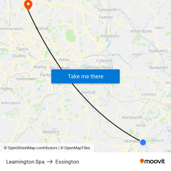 Leamington Spa to Essington map