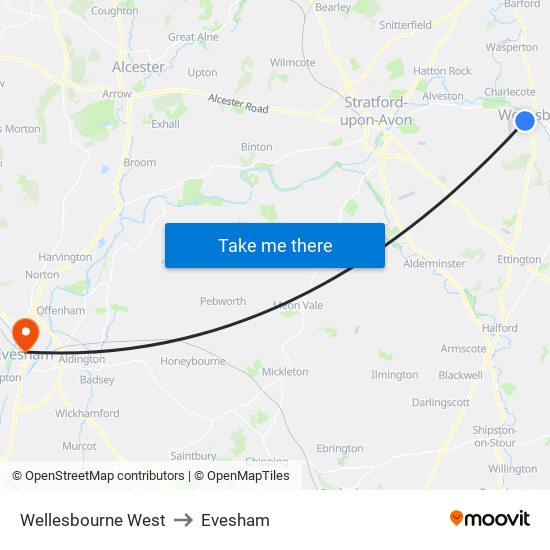 Wellesbourne West to Evesham map