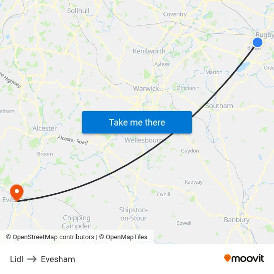 Lidl to Evesham map
