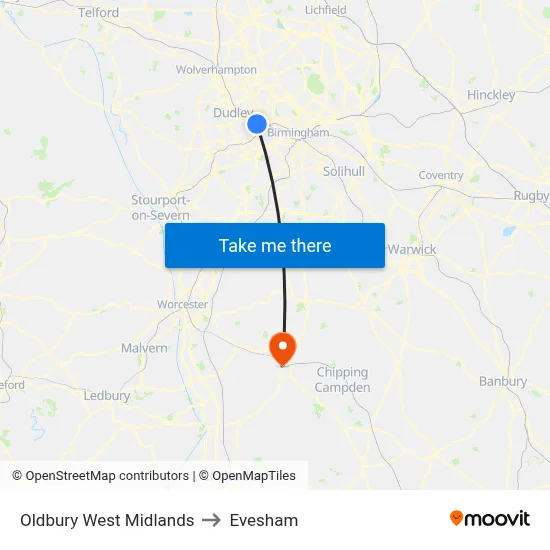 Oldbury West Midlands to Evesham map