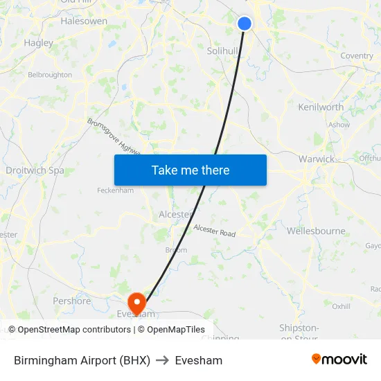 Birmingham Airport (BHX) to Evesham map
