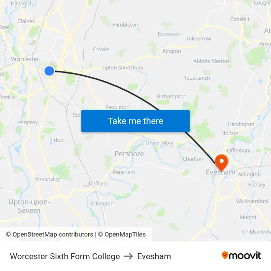 Worcester Sixth Form College to Evesham map