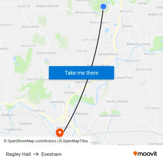 Ragley Hall to Evesham map