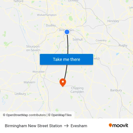 Birmingham New Street Station to Evesham map