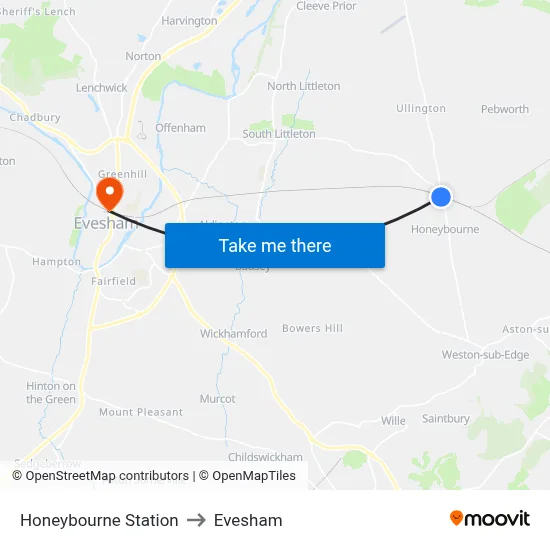 Honeybourne Station to Evesham map