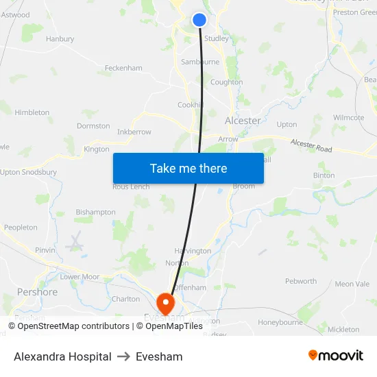 Alexandra Hospital to Evesham map