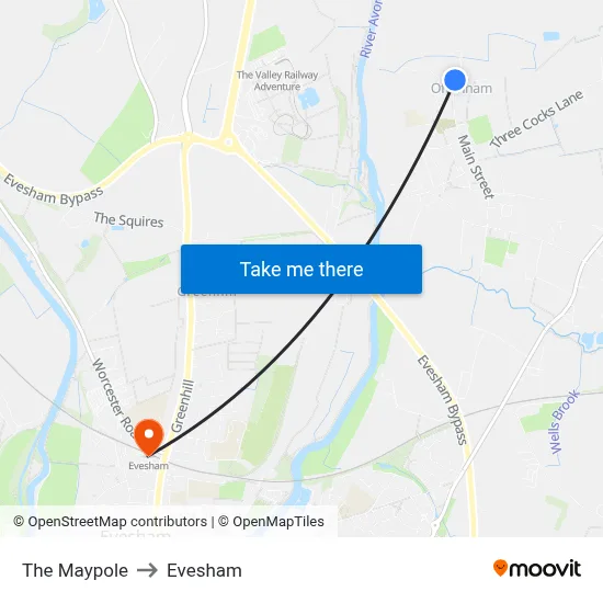 The Maypole to Evesham map