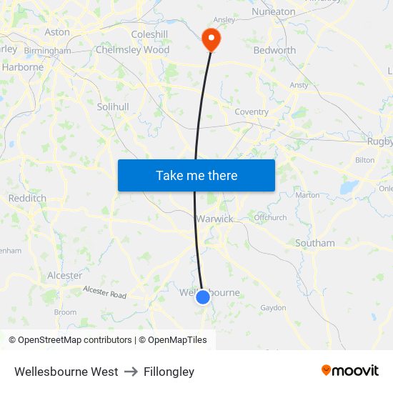 Wellesbourne West to Fillongley map