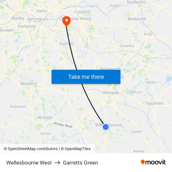 Wellesbourne West to Garretts Green map