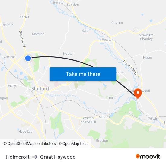 Holmcroft to Great Haywood map