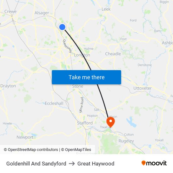 Goldenhill And Sandyford to Great Haywood map