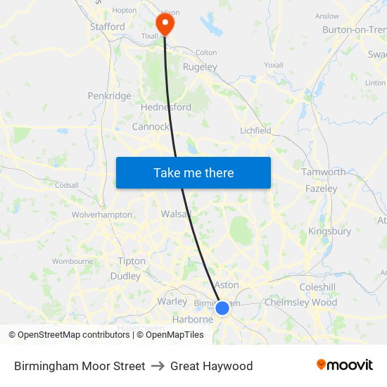 Birmingham Moor Street to Great Haywood map