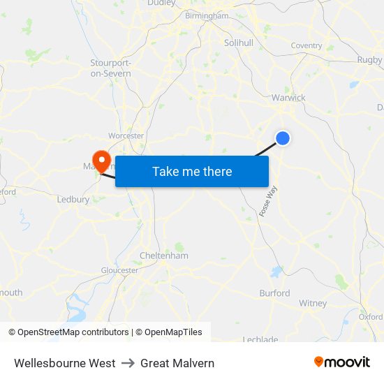 Wellesbourne West to Great Malvern map
