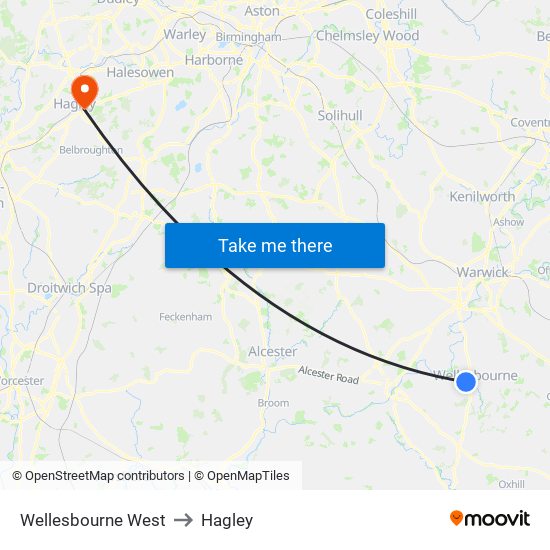 Wellesbourne West to Hagley map