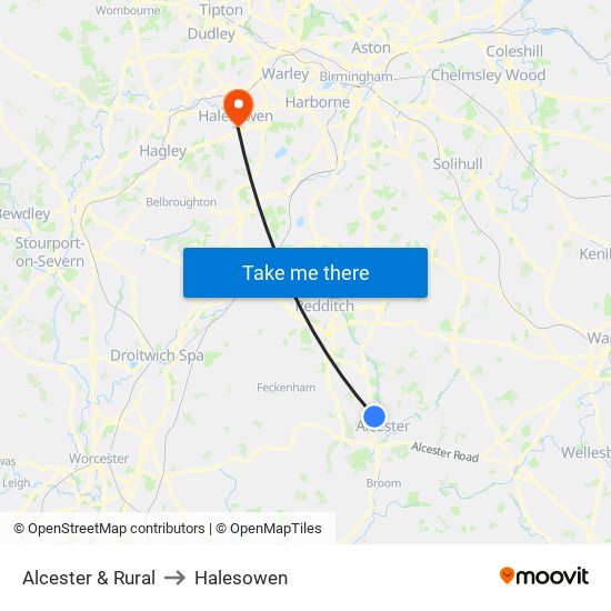 Alcester & Rural to Halesowen map