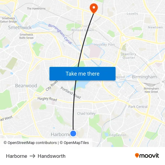 Harborne to Handsworth map