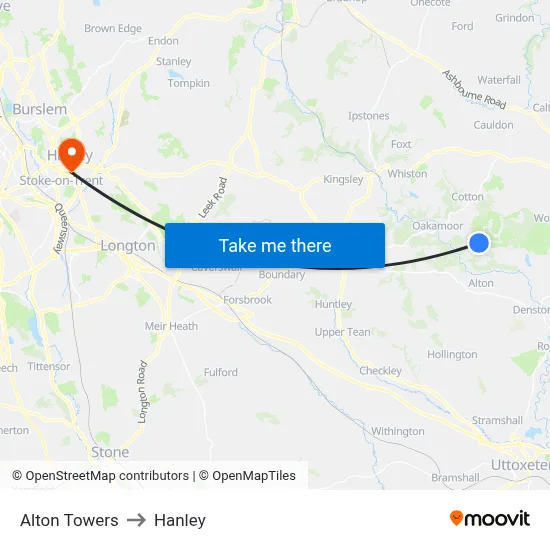 Alton Towers to Hanley map