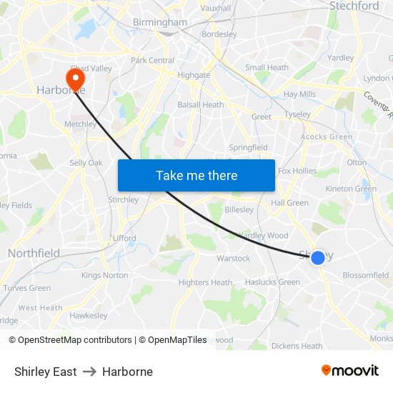 Shirley East to Harborne map