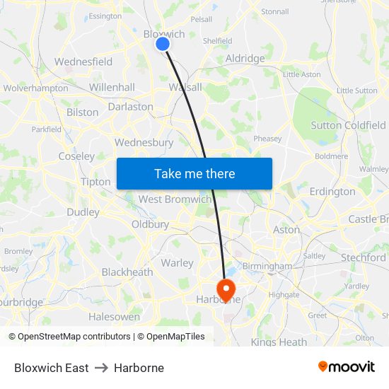 Bloxwich East to Harborne map