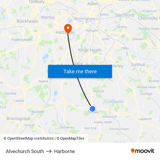 Alvechurch South to Harborne map