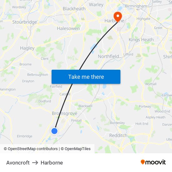 Avoncroft to Harborne map