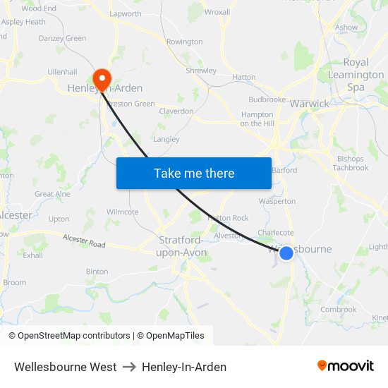 Wellesbourne West to Henley-In-Arden map